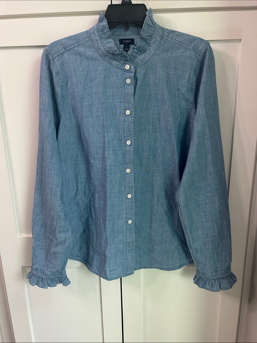 J. Crew Light Blue Ruffled Collar Chambray Blouse